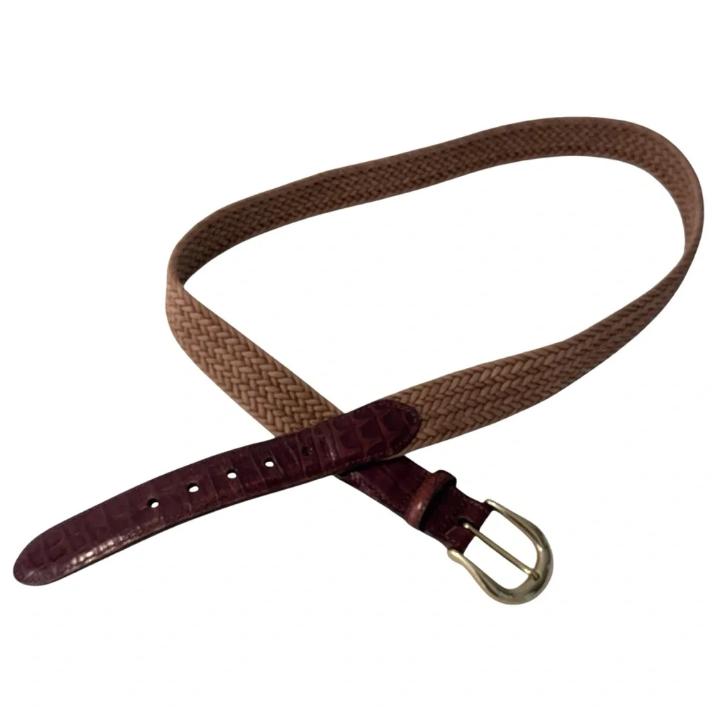 TORINO Braided Stretch Belt Men’s 38 Tan w/Brown Leather Trim Made In USA Brass